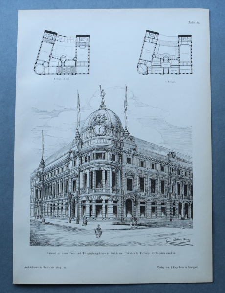 Wood Engraving Architecture Zuerich 1894 Concept Mail office Chiodera & Tschudy